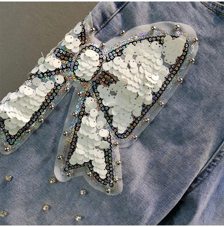 Ladies' Beaded and Sequined Denim Cropped Pants, New Summer Style, Raw-edge Straight-cut, Slim-fitting, Versatile Shorts