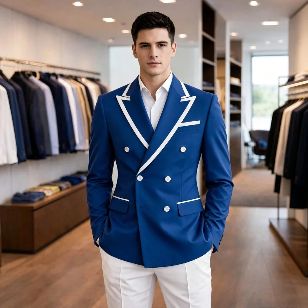 Mens Light Blue Double Breasted Suits Summer Wedding Groom Tuxedo Slim Fit Casual Fashion Blazer Trousers Costume Mens Suits
