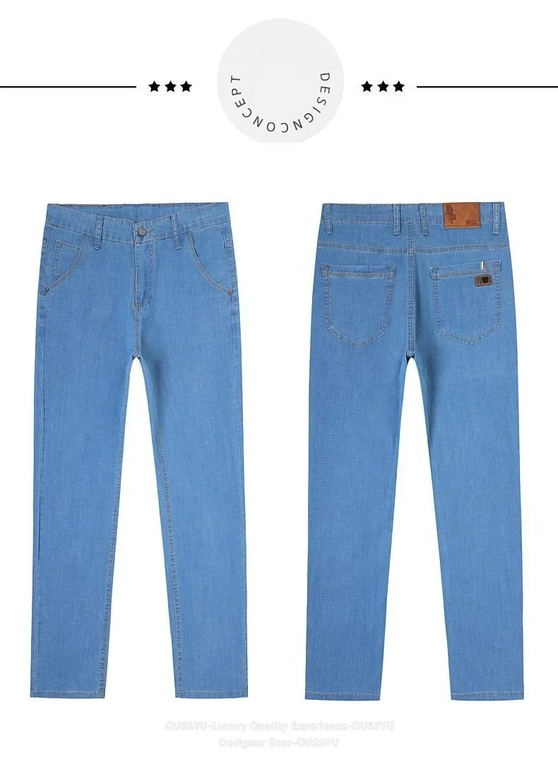 Summer Thin Men's Elastic Cotton Jeans Fashion Business Straight Casual Denim Pants Male Work Clothes Slim Trousers Plus Size 40