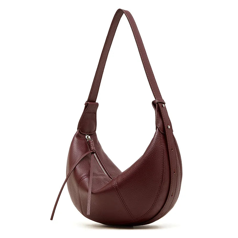 2025 New Top Grain Leather Croissant Dumpling Bag Unique Solid Color Shoulder Crossbody Bag Women Practical Commuting Handbag