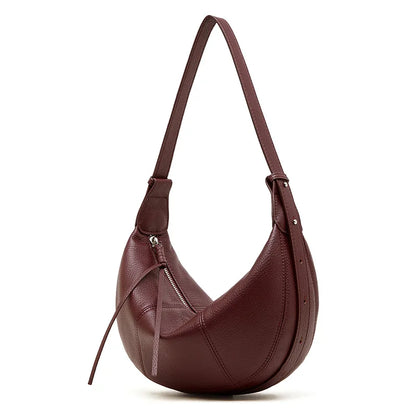 2025 New Top Grain Leather Croissant Dumpling Bag Unique Solid Color Shoulder Crossbody Bag Women Practical Commuting Handbag