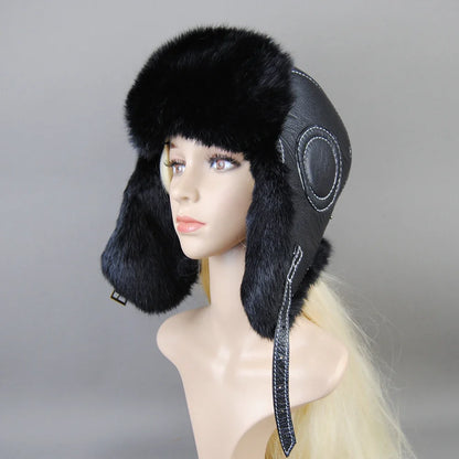 Hot Sale Winter Women's 100% Real Rabbit Fur Bomber Hat Ushanka Cap Trapper Russian Woman Ski Hats Caps Real Sheepskin Leather
