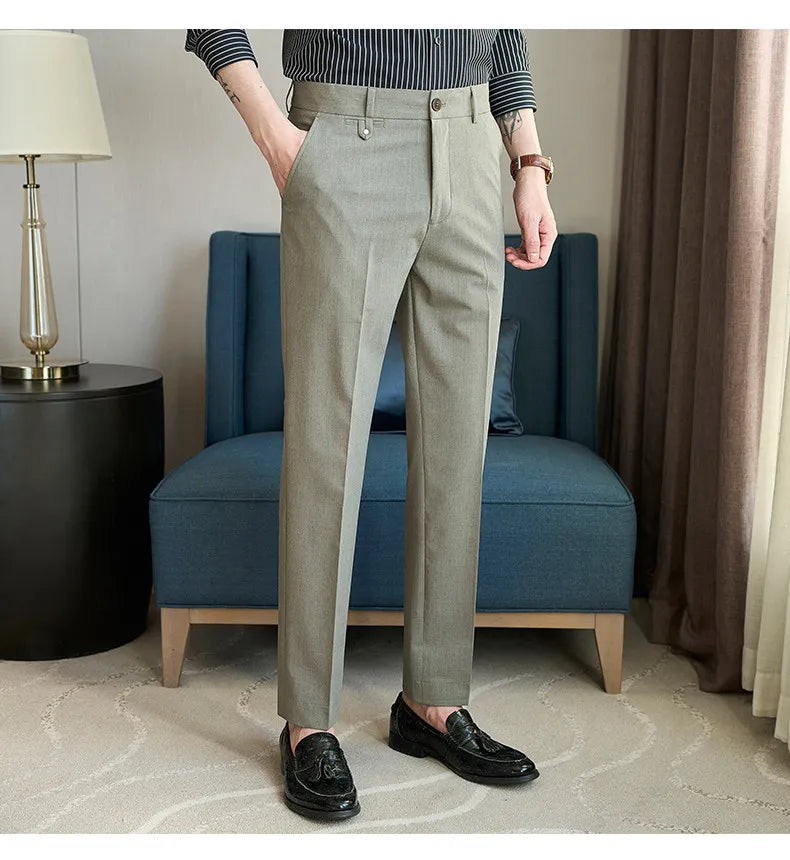 2026 Spring Summer Men's Pants Fashion Solid Color Suit Trousers Male High Waist Slim Fit Pants Men Business Casual Formal Pant
