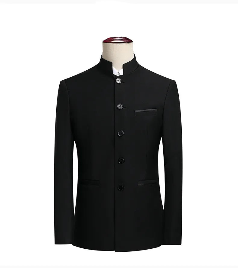 2026 New Men's Stand Collar Long Sleeve Suit Jacket, Asian Size Chinese-Style Slim-Fit Blazer in Dark Blue/Red/Grey/Black/White