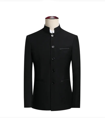 2026 New Men's Stand Collar Long Sleeve Suit Jacket, Asian Size Chinese-Style Slim-Fit Blazer in Dark Blue/Red/Grey/Black/White