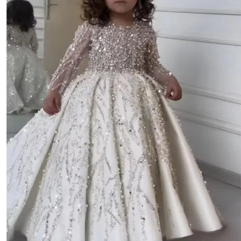 MisShow Custom Flower Girl Dress Wedding Dress First Christmas Dress Party Dress Long Sleeve Sequin Princess Kids Formal Dress
