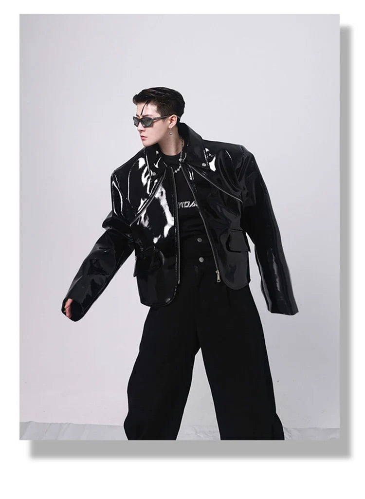 Spring Autumn Cool Loose Short Black Shiny Reflective Patent Faux Leather Jacket Men Zipper Luxury Designer Clothes