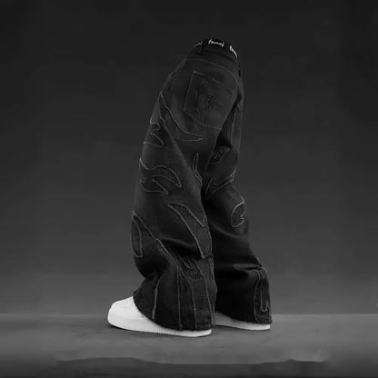 Mens Jeans Y2K Vintage Streetwear Black Wide Leg Denim Pants Ripped Patchwork Raw Hem Distressed Loose Fit Dark Punk Fashion