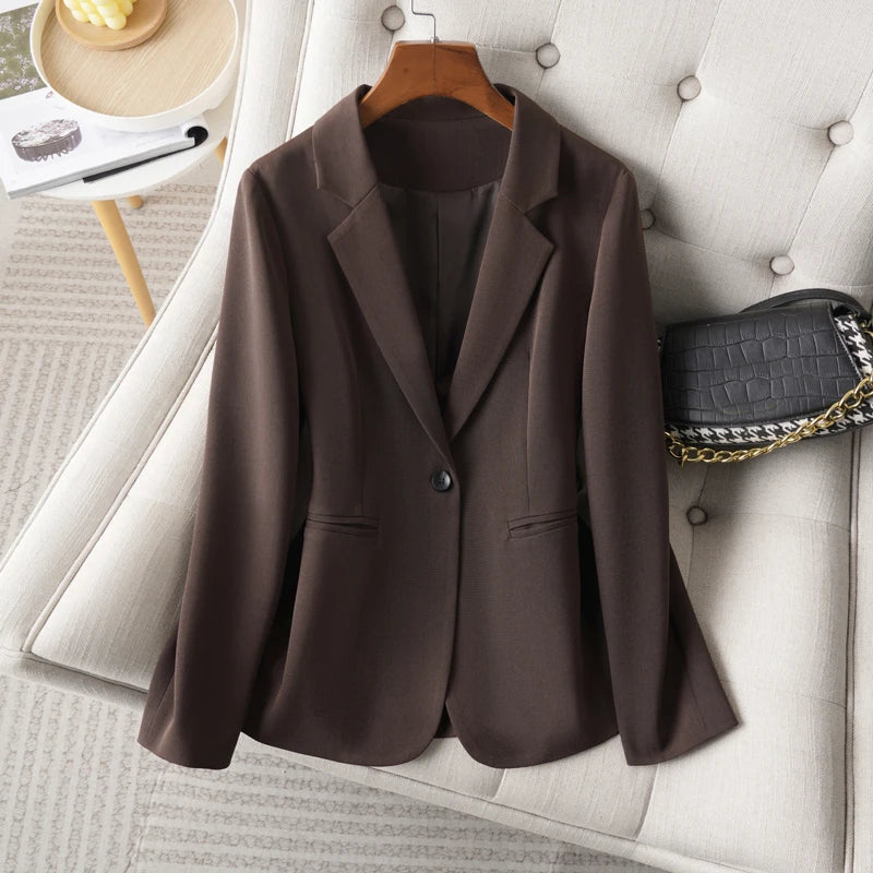 Brown Blazer for Women Spring and Autumn Workplace Style Versatile Casual, Long-Sleeved Small Suit Jacket