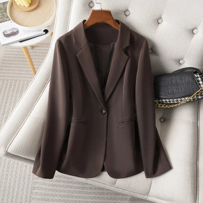 Brown Blazer for Women Spring and Autumn Workplace Style Versatile Casual, Long-Sleeved Small Suit Jacket