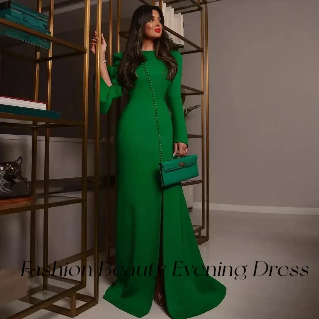 Fashion Beauty Elegant Mermaid Evening Dress Long Sleeves High Slit Button Party Gowns Formal Occassion Dress 2024 Saudi Arabia