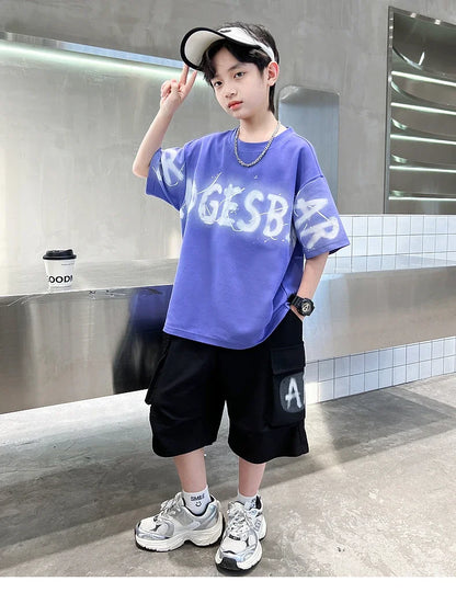 Hot Sale Teenager Boy Summer Tee Top and Bottom Clothes Set for Child Letter Print Cotton T-shirt + Shorts 2 Piece Clothing Suit