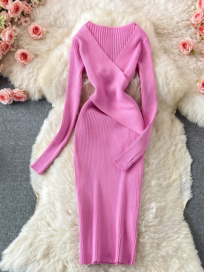 Autumn Winter 2025 Women Dress Elegant Cross V-neck Slim Waist Knitted Bodycon Dress Korean Office Lady Vestidos