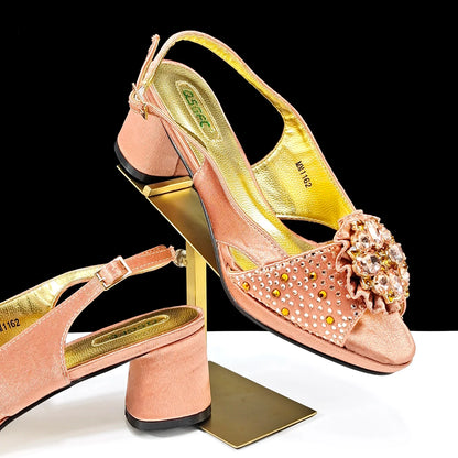 Open Toe Women Heels for 2024 Elegant Party Olive Color Diamond Pumps Italian Shoes and Bags Matching Set