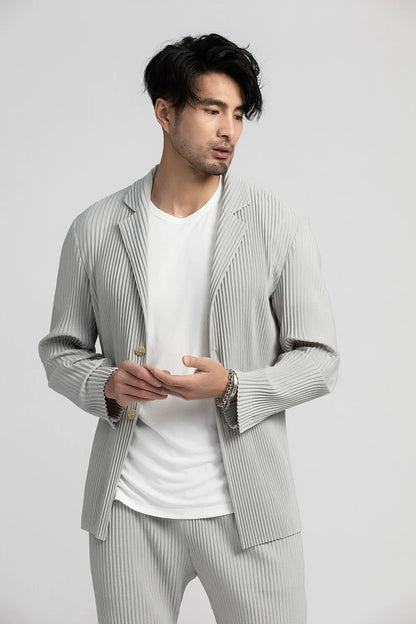 Pleated Blazer Black Suits For Men High Quality Casual Japanese Style Blazers Stretch Fabric Slim Fit Coat