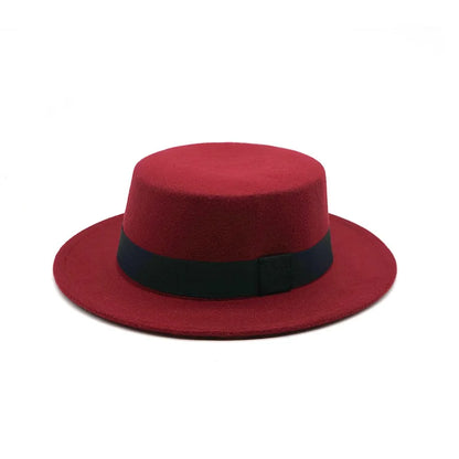 Black Ribbon Flat Top Hat British Retro Style Unisex Wool Fedora Winter Warm Hat