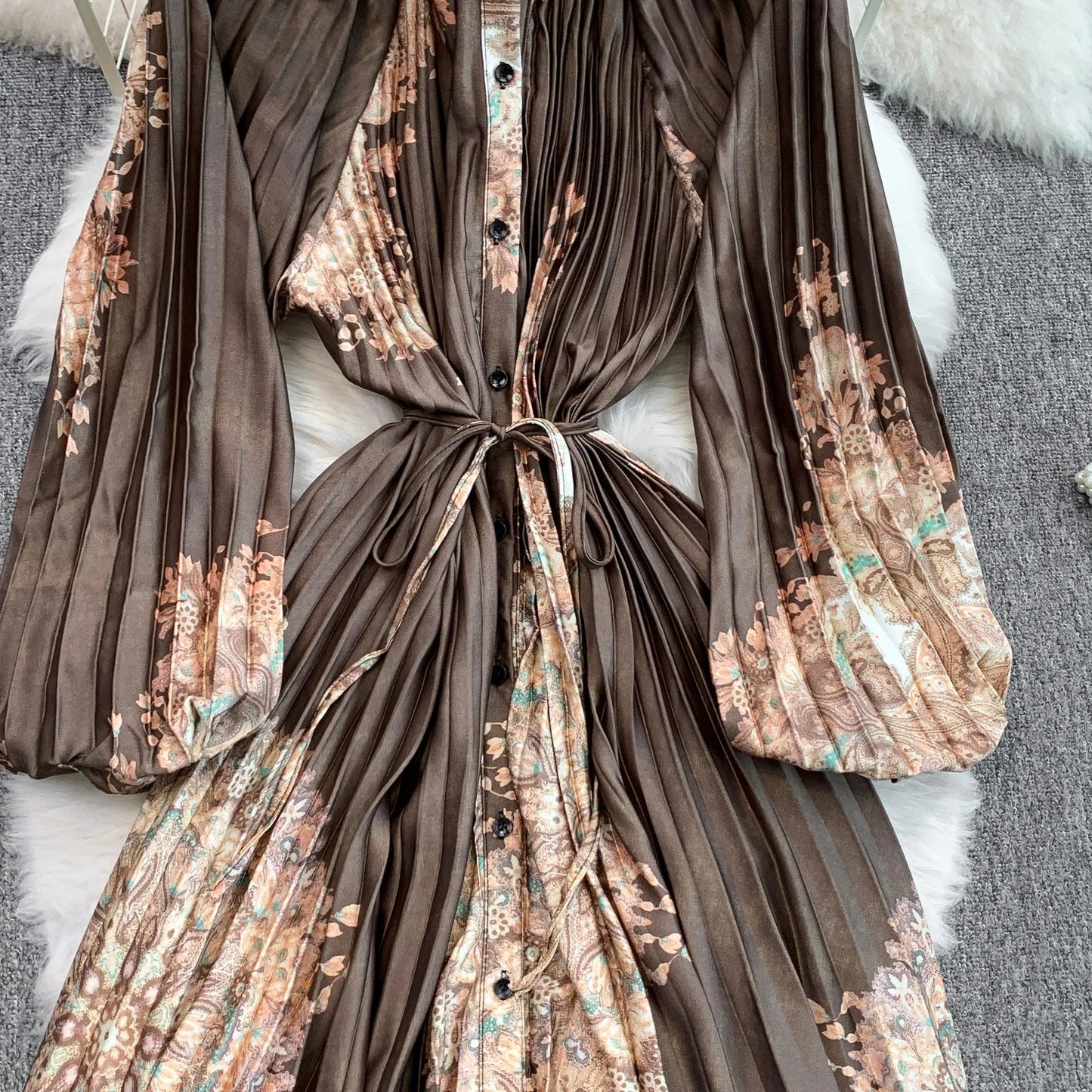 Ele Printed round Ne Lantern Sve Dr Women's Single Button Waist Cinch Maxi Skirt Long Dr Commute Sle Autumn