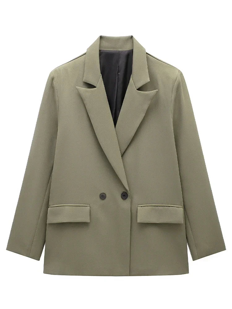 Women Fashion With Pockets Solid Double Breasted Blazer Vintage Long Sleeves Notched Neck Female Office Lady Outfits