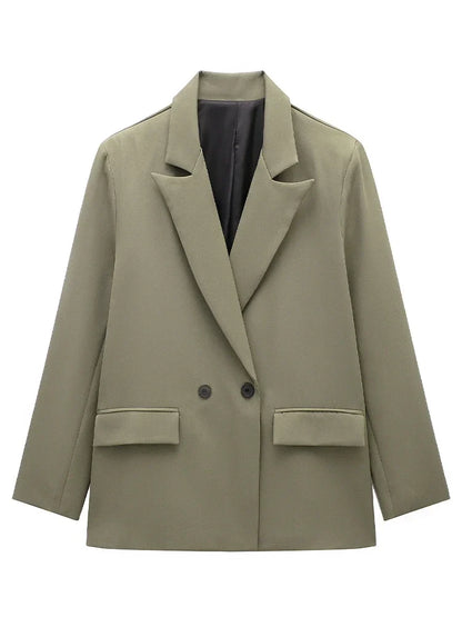 Women Fashion With Pockets Solid Double Breasted Blazer Vintage Long Sleeves Notched Neck Female Office Lady Outfits
