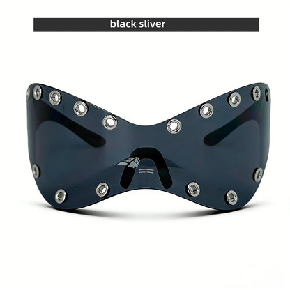 Unisex Y2K Punk Fashion Sunglasses - Futuristic One-Piece Goggles Metal Ring Rave sunglasses womenfor Rave & Cyber Party