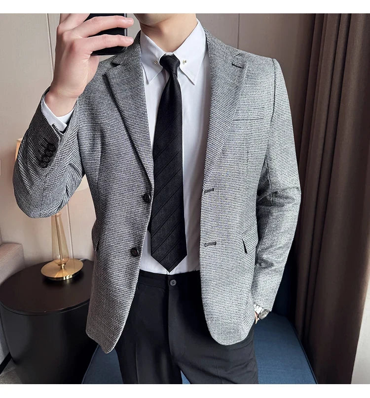 Bright Silk Thousand Bird Grid Suit Jacket Korean-style Business Fashion Slim Fit Single Breasted Men Social Party Dress Coats
