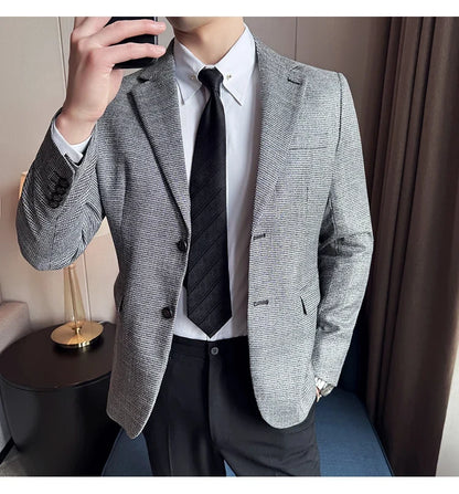 Bright Silk Thousand Bird Grid Suit Jacket Korean-style Business Fashion Slim Fit Single Breasted Men Social Party Dress Coats
