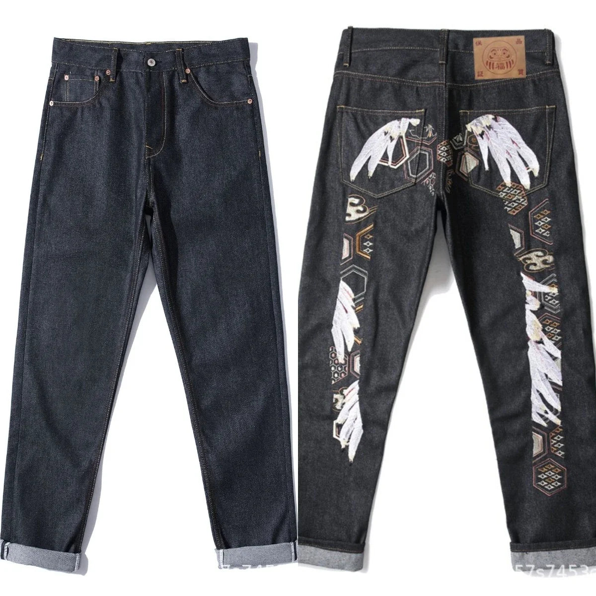 Men's Japanese Handmade Embroidered Jeans Pure Cotton Straight Tube Hip-Hop Popular Slim Red Ears Show Thin Trousers Devil Black
