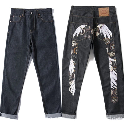 Men's Japanese Handmade Embroidered Jeans Pure Cotton Straight Tube Hip-Hop Popular Slim Red Ears Show Thin Trousers Devil Black
