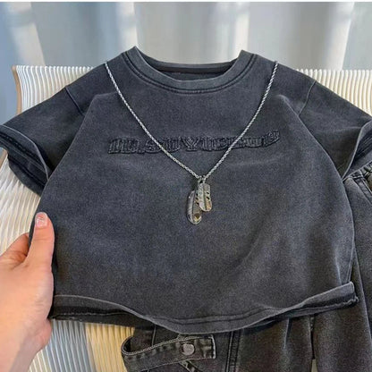 Toddler Boys 2Pcs Summer Outfits Letter Short Sleeve T-Shirt Washed Denim Shorts Set Kids Boys Casual Streetwear Clothes 2-6Year