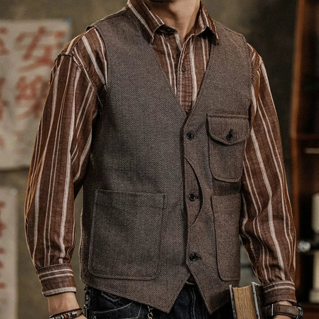 Men Vest Coffee Herringbone Single Button Pocket Waistcoat For Wedding Business Casual Formal Daily Office Work Men Suit Vest