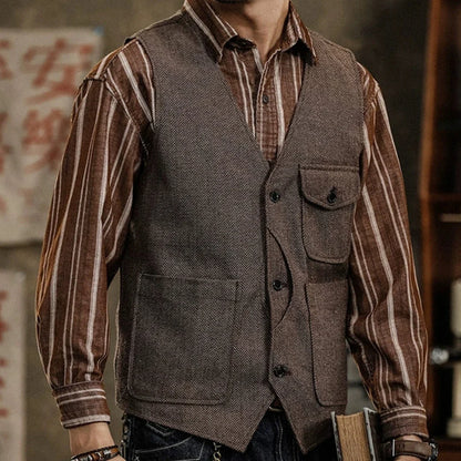 Men Vest Coffee Herringbone Single Button Pocket Waistcoat For Wedding Business Casual Formal Daily Office Work Men Suit Vest