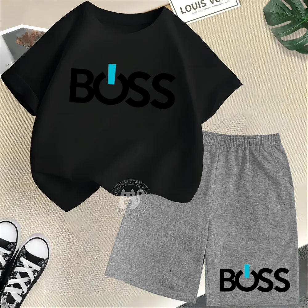Simple letter BOSS Print Teen boys Girls street casual suit top Kids Summer  Short sleeve T-shirt + Shorts