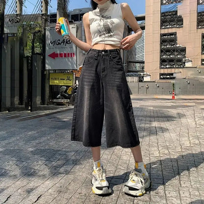 Summer American Style Vintage Women Baggy Jeans Y2k Loose Washed High Waist Knee Length Denim Pants Streetwear Wide Leg Shorts
