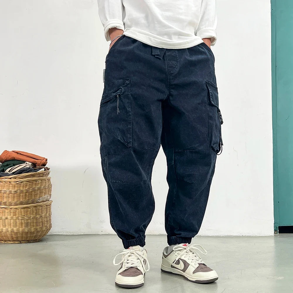 High Quality Snow Wash Distressed Cargo Pants Men Korean Fashion Plus Size Harem Pants Streetwear Joggers Casual Baggy Trousers