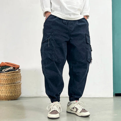 High Quality Snow Wash Distressed Cargo Pants Men Korean Fashion Plus Size Harem Pants Streetwear Joggers Casual Baggy Trousers