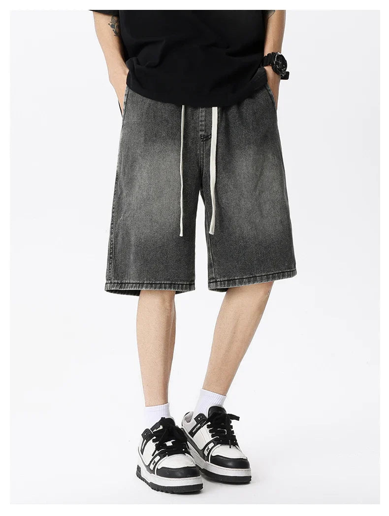 Casual Denim Shorts Men Elastic Waist Straight Comfortable Light Blue Soft Short Pants Baggy Wide Bermuda Male Jeans