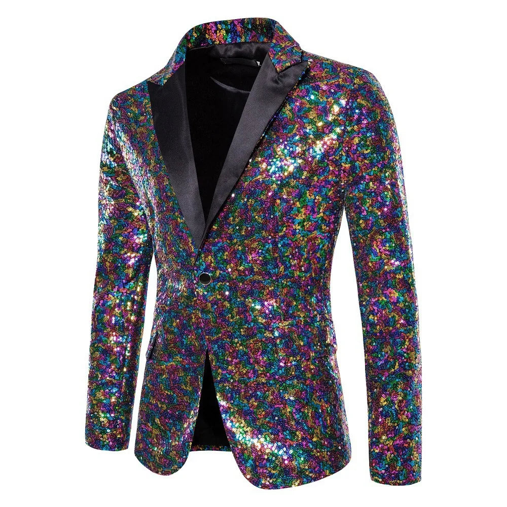 2026 Men's Suit Jacket, Shiny Sequin Stage Performance Coat, White Silver Blue Red Purple Blazers V-neck Single Button S-XXL