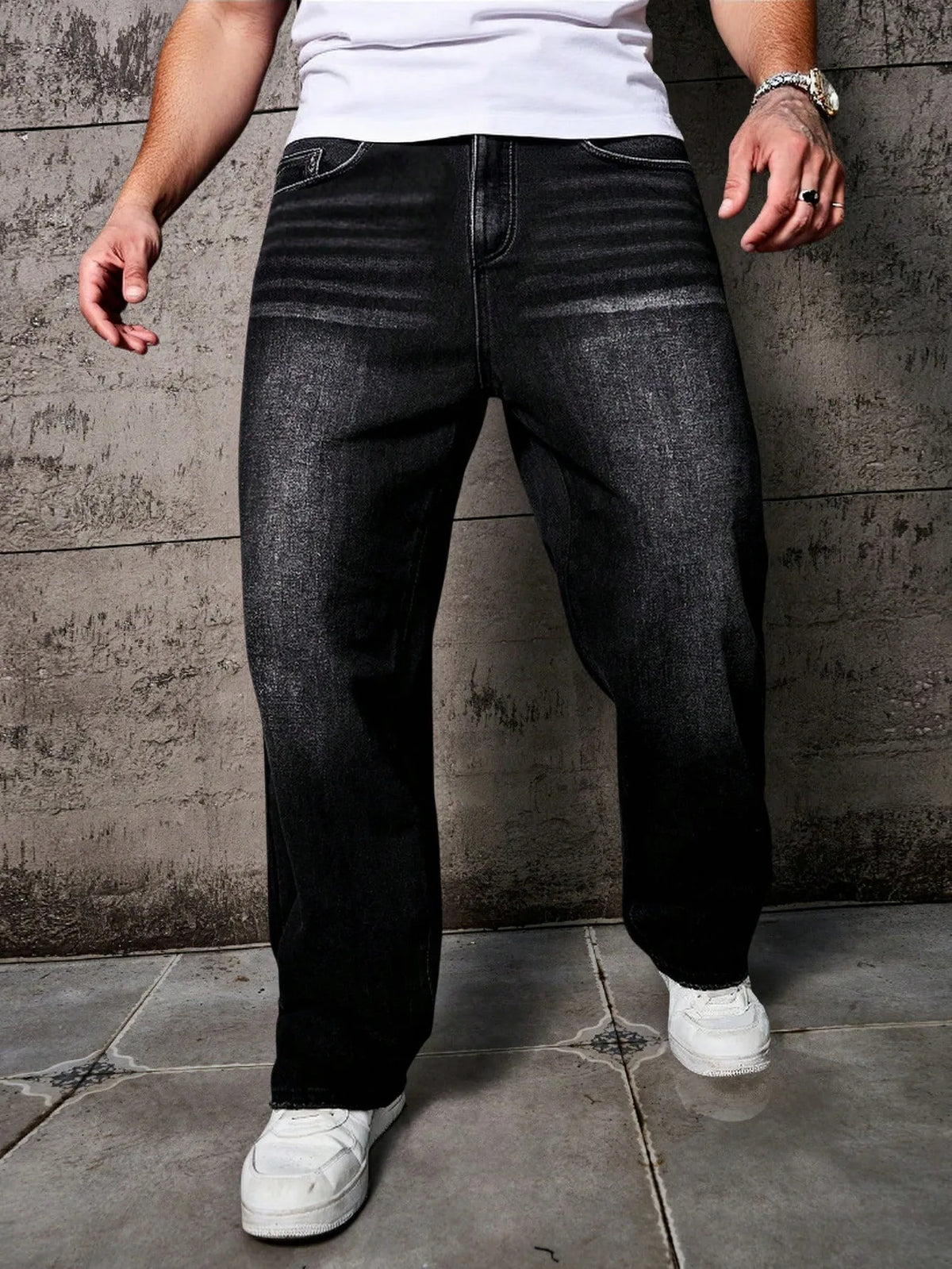 1pc Vintage Style Men's Black Washed Distressed Loose Wide Leg Relaxed Straight Jeans, Perfect Gift for Husband, Boyfriend