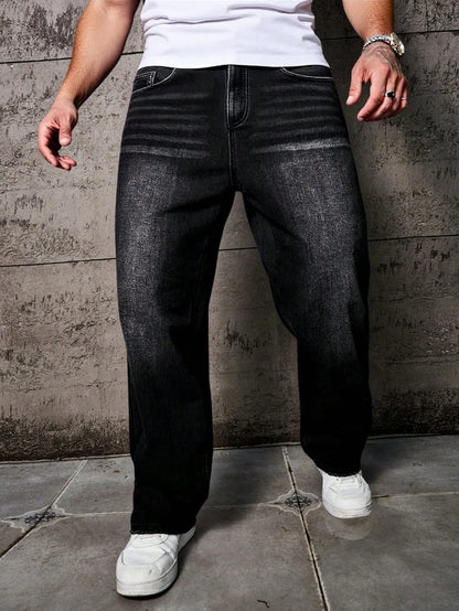 1pc Vintage Style Men's Black Washed Distressed Loose Wide Leg Relaxed Straight Jeans, Perfect Gift for Husband, Boyfriend