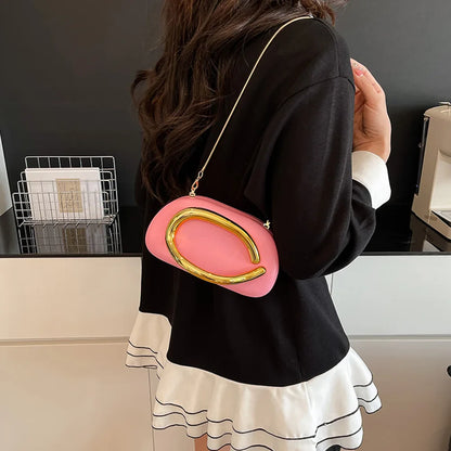Women PU Leather Metal Handle Handbag & Removable Strap Crossbody Shoulder Bag Hand-held Shoulder Clutch Bag for Evening Dinner
