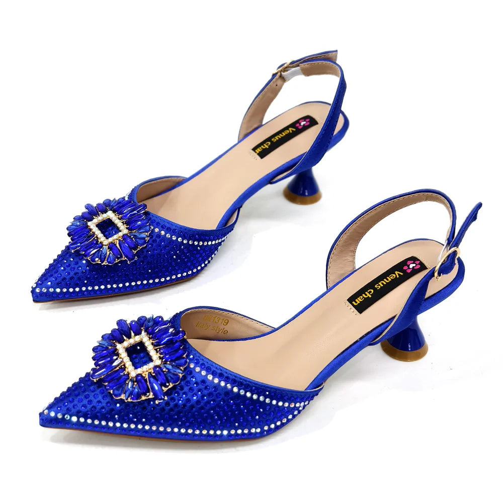 Blue Color Rhinestone Comfortable high heel shoe And Bag Fashion Style Pointed-Toe Shoes For Women Or Commuting Shoes