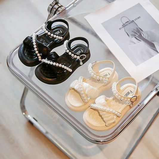 Chic Girls Pearl Flat Sandals 2026 Summer Baby Princess Girls Children Beige Dance Performance Shoes Girl Platform Sandal G05223