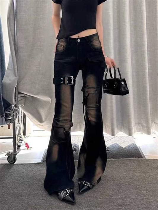 2025 Autumn Winter Women's Denim Pants High Waist Cargo Jean Goblin Core Kpop Bell Bottom Japanese Y2k Stretch 2000s Jeans Gyaru