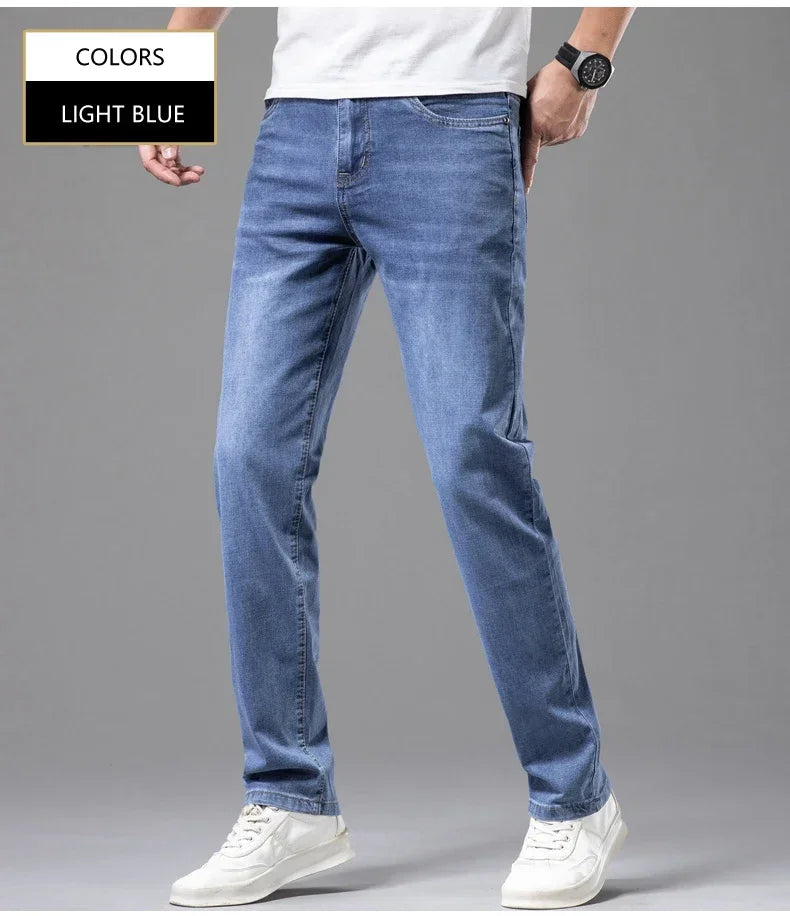 Summer Brand Men's Fit Straight Lightweight Cotton Stretch Jeans Business Casual High Waist Thin Light Grey Jeans mens pants