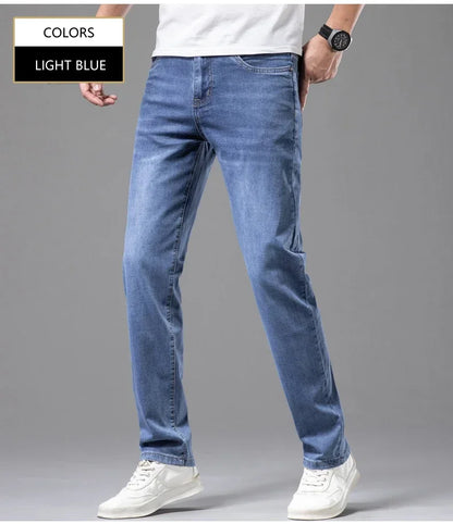 Summer Brand Men's Fit Straight Lightweight Cotton Stretch Jeans Business Casual High Waist Thin Light Grey Jeans mens pants