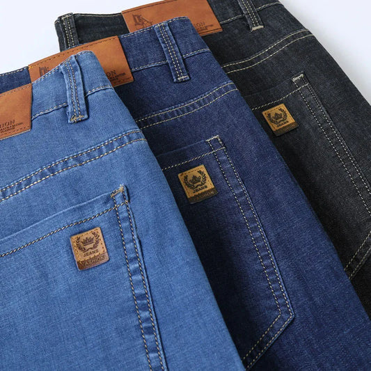 Light Blue Classic Business Casual Cotton Pants Fashion Breathable Denim Elastic Trousers Brand Men's Clothing Straight Jeans