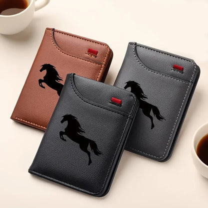 Men'S Retro Imitation Faux Leather Card Holder - Elegant Black Horse Design - Slim And Soft with Various Card Slots, Wallet