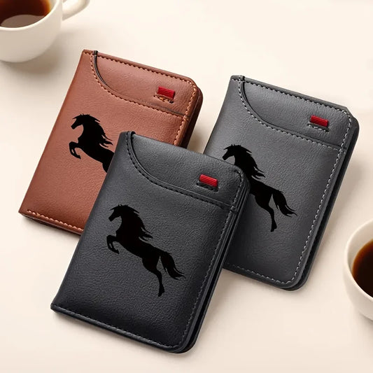 Porte-cartes rétro en similicuir pour homme - Design élégant avec cheval noir - Fin et doux avec plusieurs fentes pour cartes, portefeuille
