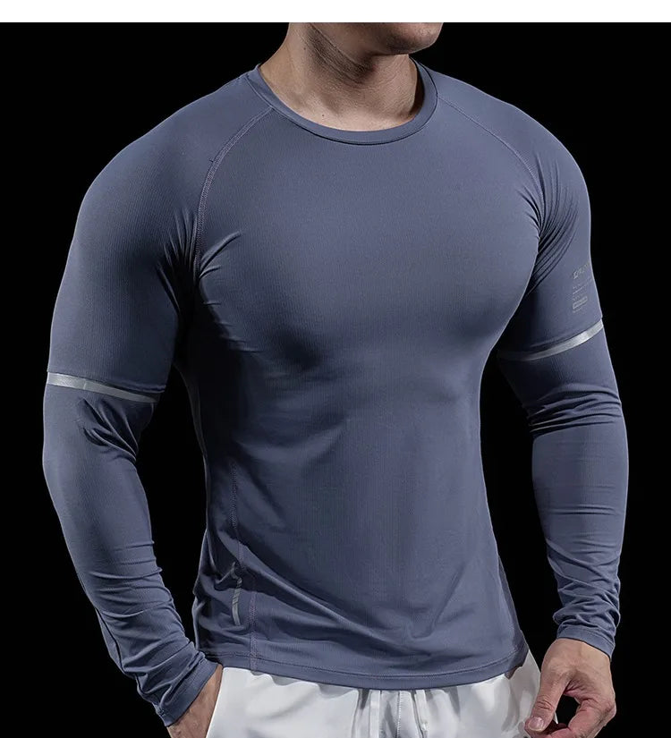Autumn New Men's Sports Gym Fitness Clothes Reflective Strips Round Neck Training Long-sleeved T-shirt Running Slim Breathable