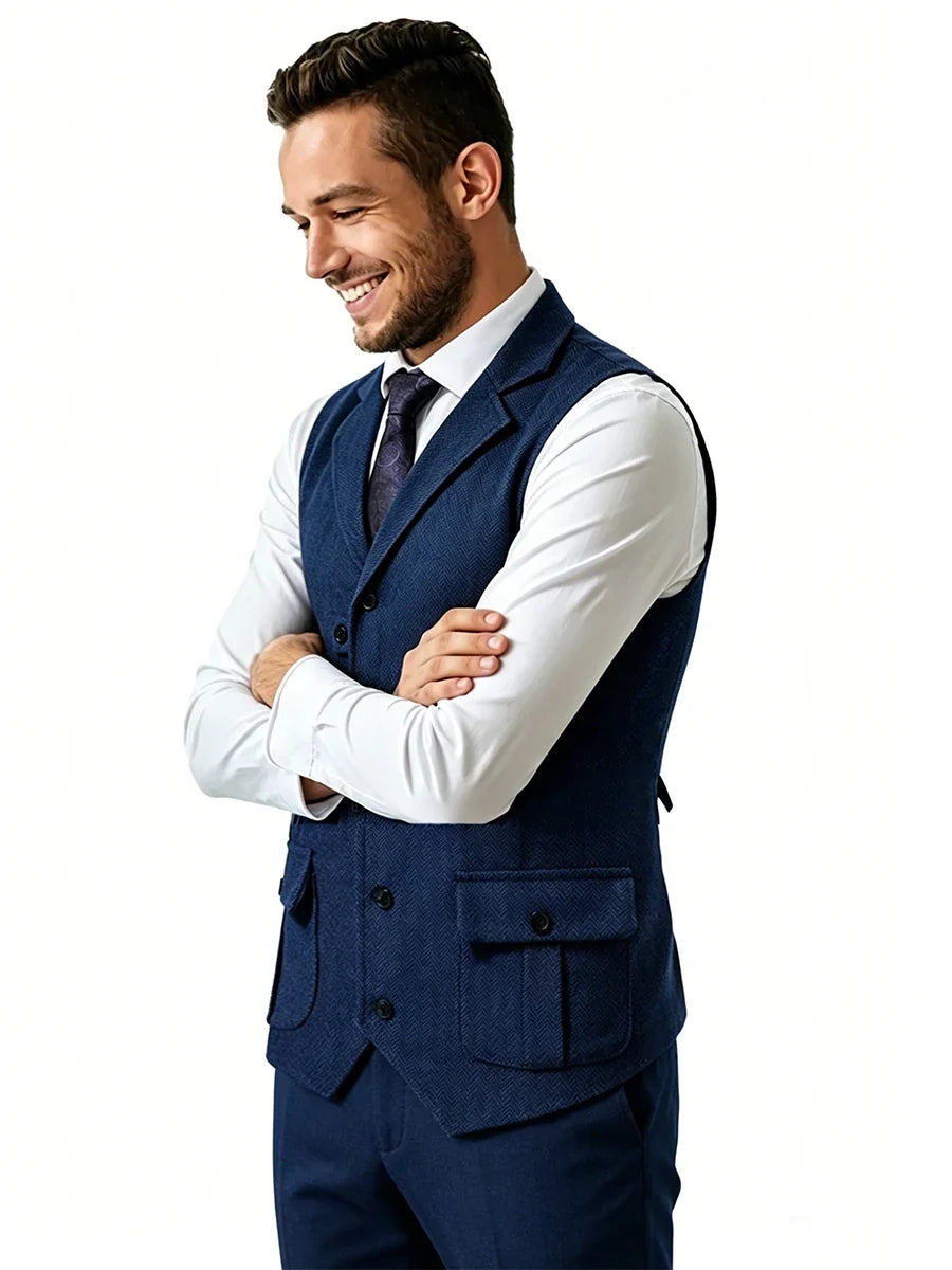 Tailored Collar Vest for Men Single Breasted Herringbone Tweed Suit Vest Mens Formal Striped Waistcoat Punk Groomsmen Wedding